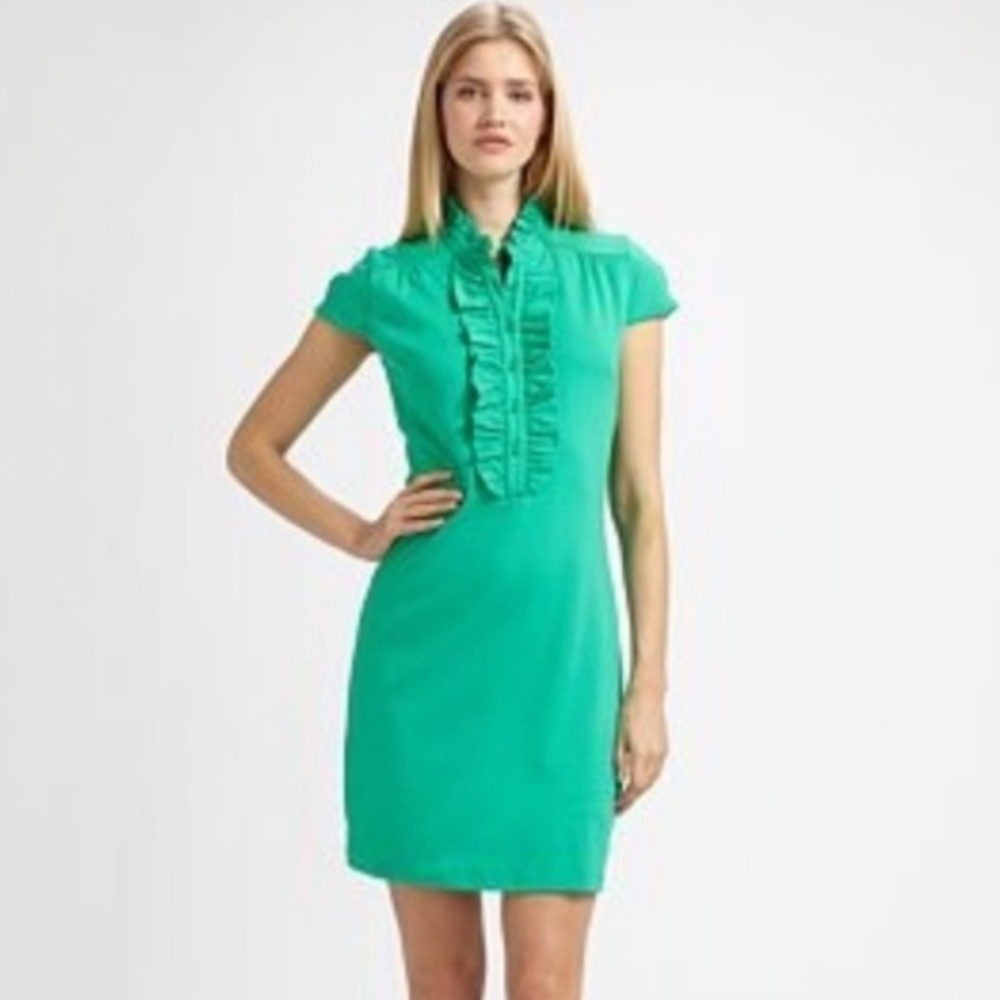Lilly Pulitzer Deb Ruffle Neckline Placket Cap Sleeve Mini Dress Jade Green M